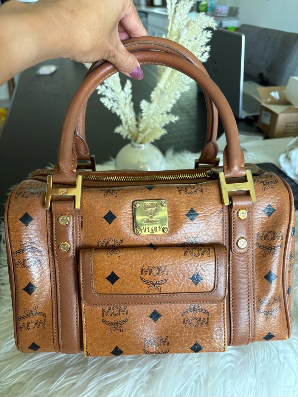 MCM Brown Visetos Logo Boston Bag with Gold Hardware